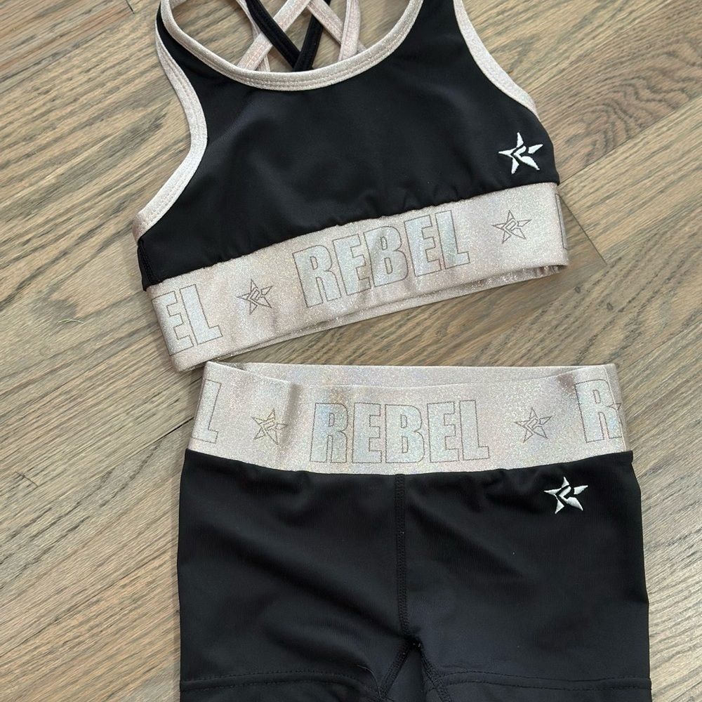 Black and light pink Rebel Athletics Sports Bra and Shorts Set